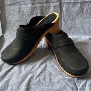 Sanita Black Leather Clog Mules with Wooden Heel